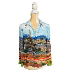 Alice + Olivia "Willa" Eiffel Tower Photo Print Blouse S Small Emily in Paris